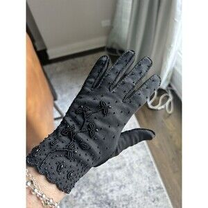 Vintage 1950s black beaded Cotton Gloves Size 7 Made In Hong Kong